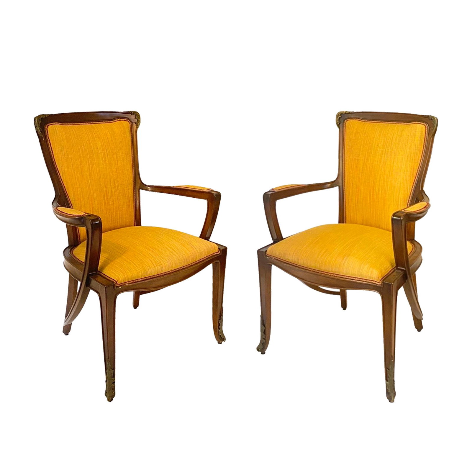 Pair of Period French Art Nouveau Louis Majorelle Arm Chairs with Bronze Mounts: Pair of Louis Majorelle Art Nouveau Arm Chairs with Bronze MountsPair of early 20th Century, art nouveau period mahogany armchairs with bronze foliate mounts to crest rail and feet. Louis Marjorelle a