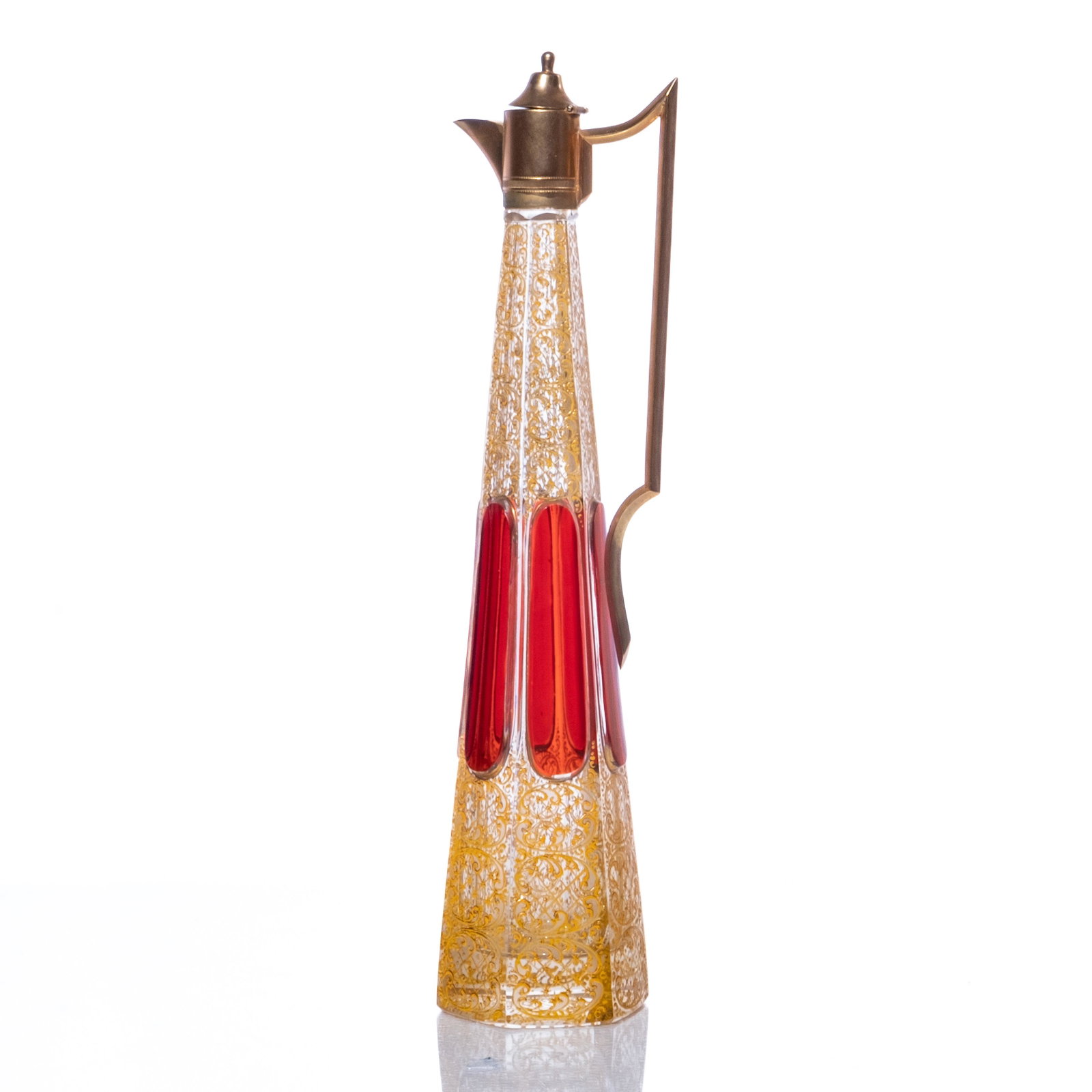 Moser(attributed) Art Nouveau-Period Enameled Crystal Decanter: Moser(attributed) Art Nouveau-Period Enameled Crystal Decanter, circa 1900 Exceptional Moser(attributed) art nouveau-period enameled crystal ewer form decanter having gilt mounts. Ideal for use with l