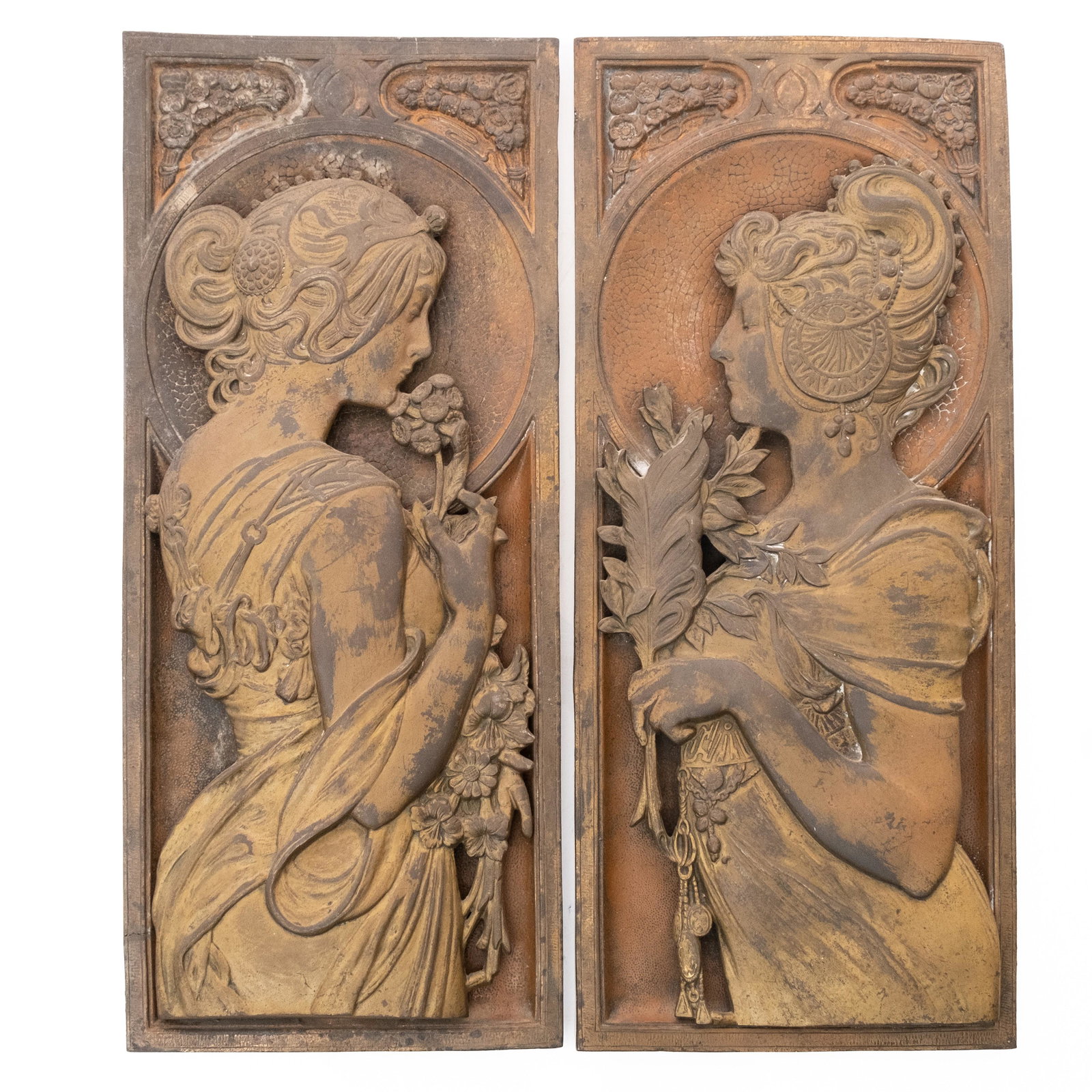 Pair of Art Nouveau Mucha Iconic Iron Plaques: 18" Antique Alphonse Mucha C 1899 Primrose and Feather Iron architectural PlaquesThe Plaques depict Alphonse Mucha's Primrose and Feather. The image was created in 1899 as part of a set of two li