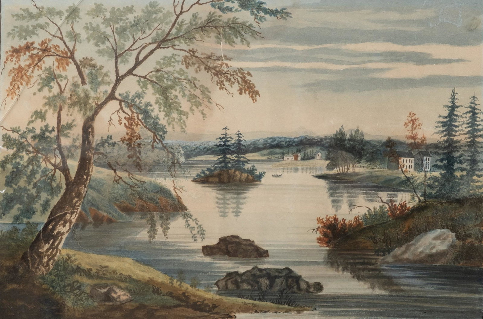 William Guy Wall, Original Watercolor Hudson River circa 1820's: William Guy Wall, Hudson River "View Near Fort Miller #10". Original Watercolor on PaperWilliam Guy Wall (Irish/American, 1792 -1864). Hudson River 'View near Fort Miller, #10'. Original wat