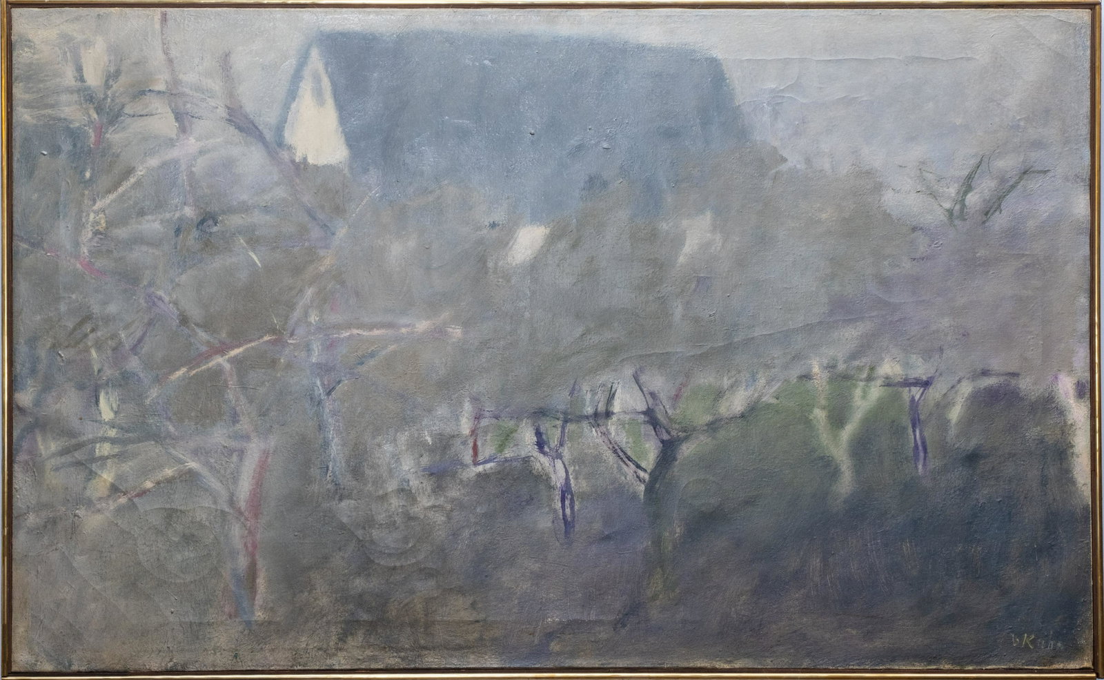 Signed Wolf Kahn, 'Young Apple Trees & Barn'. Large Oil painting on Canvas, circa 1969, Gallery: LARGE Signed Wolf Kahn, 'Young Apple Trees & Barn'. Oil painting on Canvas, circa 1969, Gallery Label....This painting depicts a barn seen through a field of apple Trees in a mist. It is a wonderful p