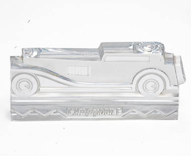 Signed Daum Nancy Art Deco Lalique Style Car Sculpture: Signed Daum Nancy etched molded glass 'L'Automobile' Sculpture Rare Daum, 20th century, 'L'Automobile' lalique style crystal sculpture. Bas-relief design of an automobile in the art deco style,