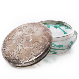 Signed Daum Nancy Cameo Glass and Silver Art Nouveau Lidded Jar: Signed Daum Nancy Cameo glass and Silver Art Nouveau Silver Lidded Jar Art Nouveau Lidded Jar by Daum Nancy, Signed and Crafted circa 1900. This frosted glass jar features stunning cameo cut designs