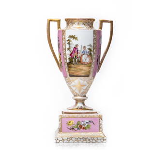 Exquisite 19th Century French Porcelain Urn: Exquisite 19th Century French Porcelain Urn This French Porcelain Urn, Crafted in the 19th Century, Features 18th Century Figures and Polychrome Flowers. The urn stands on a stepped square base and