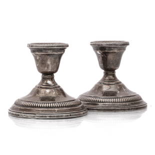 Pair of Antique Signed Lamerie Sterling Candle Stick Holders: Pair of Antique Signed Lamerie Sterling Candle Stick Holders Pair of Signed Lamerie Sterling Weighted Candle Stick Holder. Marked LAMERIE, STERLING, WEIGHTED REINFORCED, 900. 3.5" High x