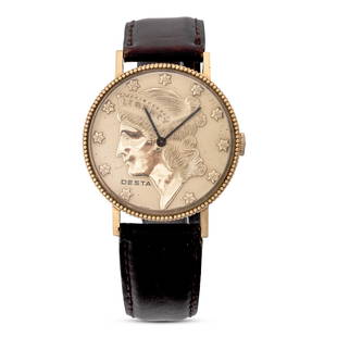 18K gold Liberty Coin Face Wristwatch. 9" L : Case: 33mm: 18K gold Liberty Coin Face Wristwatch.18K gold Liberty coin watch. The face marked DESTA and back marked 18K9" L : Case: 33mm PAYMENT All invoices totaling over $5,000 must be paid via wire t