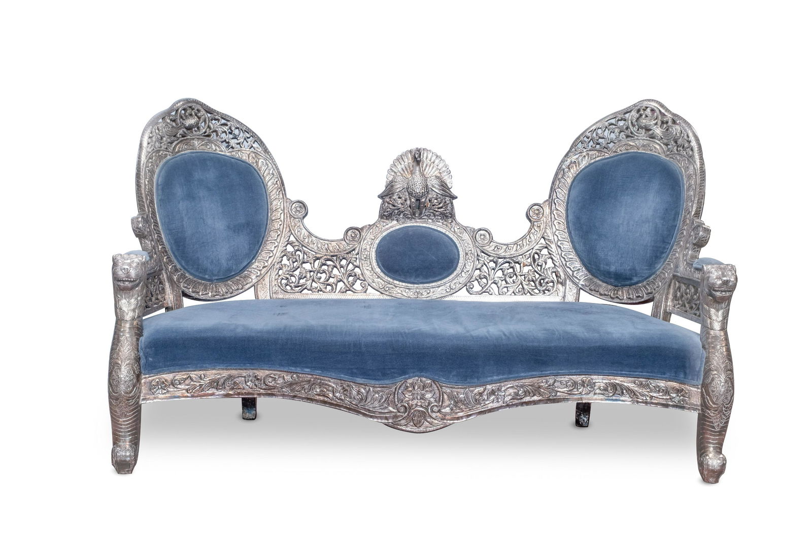 maharajah ornate Palace Carved Wood Silver Covered Repousse Sofa (1 of 15)