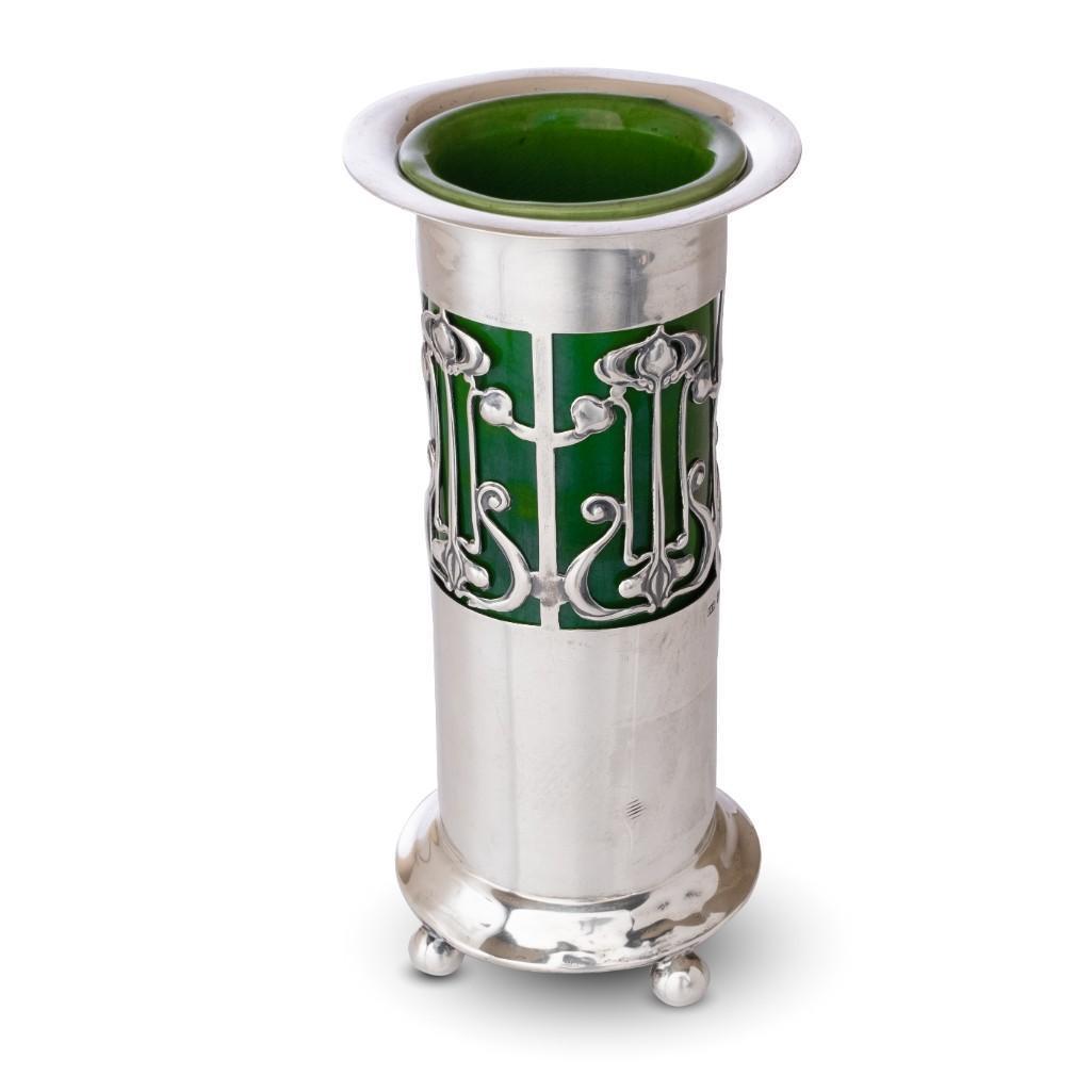 Sterling Silver Vase with ceramic Liner English Art Nouveau-Period, Roberts & Belk makers (1 of 11)