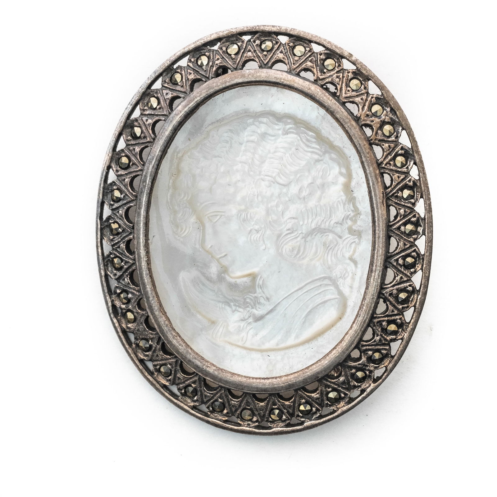Art Nouveau Cameo Carved Mother of Pearl Sterling Silver Brooch (1 of 4)