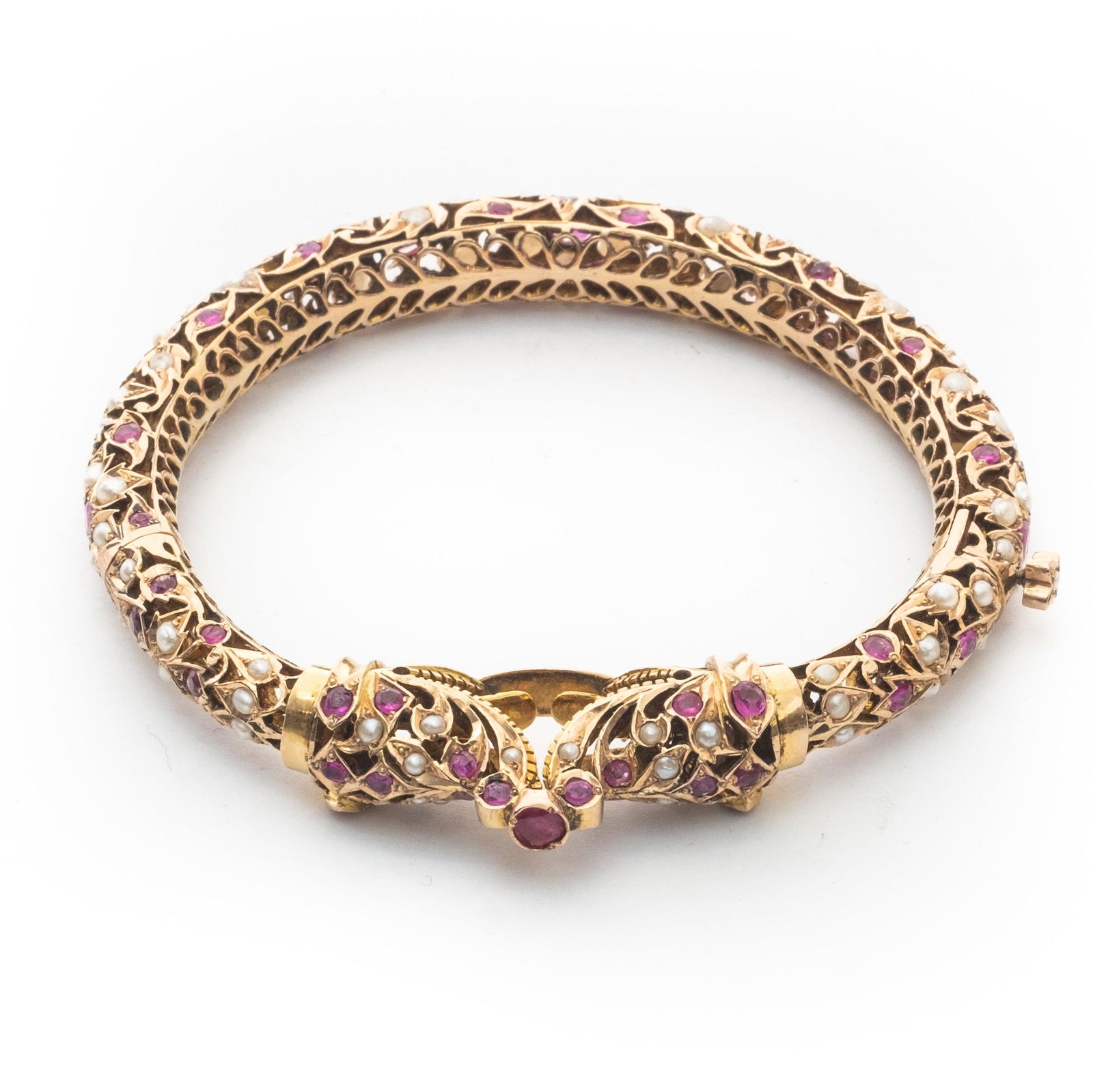 Vintage 14K Ruby and Pearl Filigree Indian Rajasthani Style Hinged Bracelet (1 of 7)
