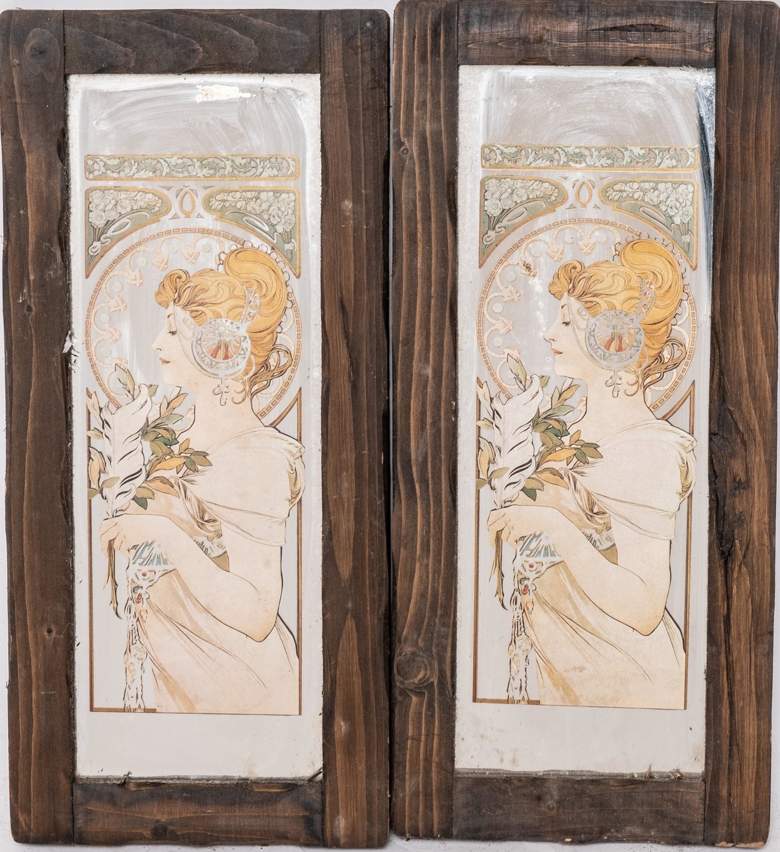 Pair of 20th Century Mucha Style Painted Mirrors: Pair of 20th Century Mucha Style Painted MirrorsPair of 20th Century Mucha Style Painted Mirrors18.25"H x 8.25"W x 1"D PAYMENT All invoices totaling over $5,000 must be paid via wir