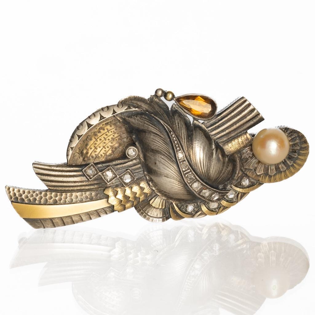 14K Diamond, Pearl and Topaz Spanish Brooch, mid 1930's (1 of 8)