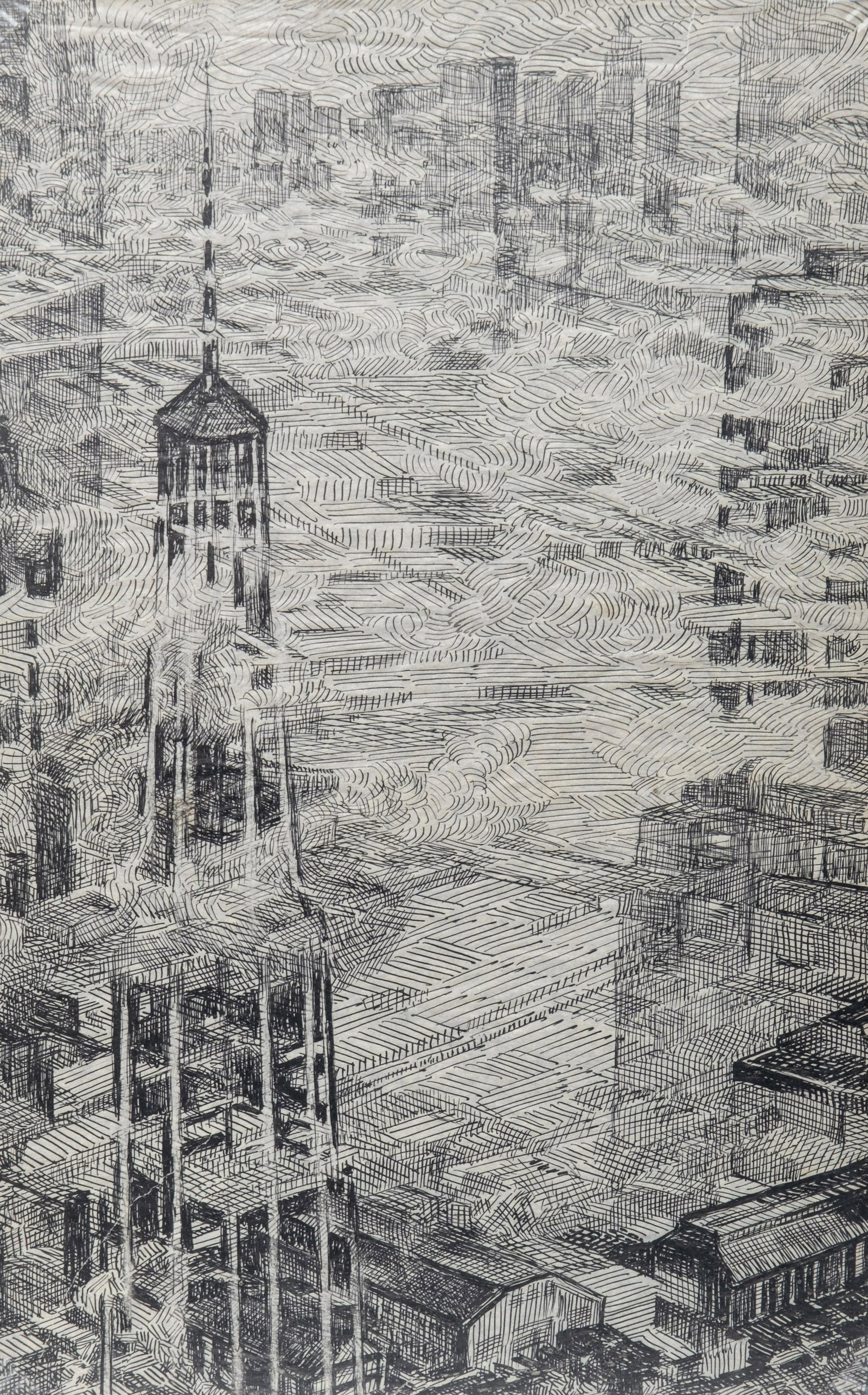 Mystery Artist MODERNIST Amazing, Antique Pen and Ink FUTURISTIC Painting (1 of 7)