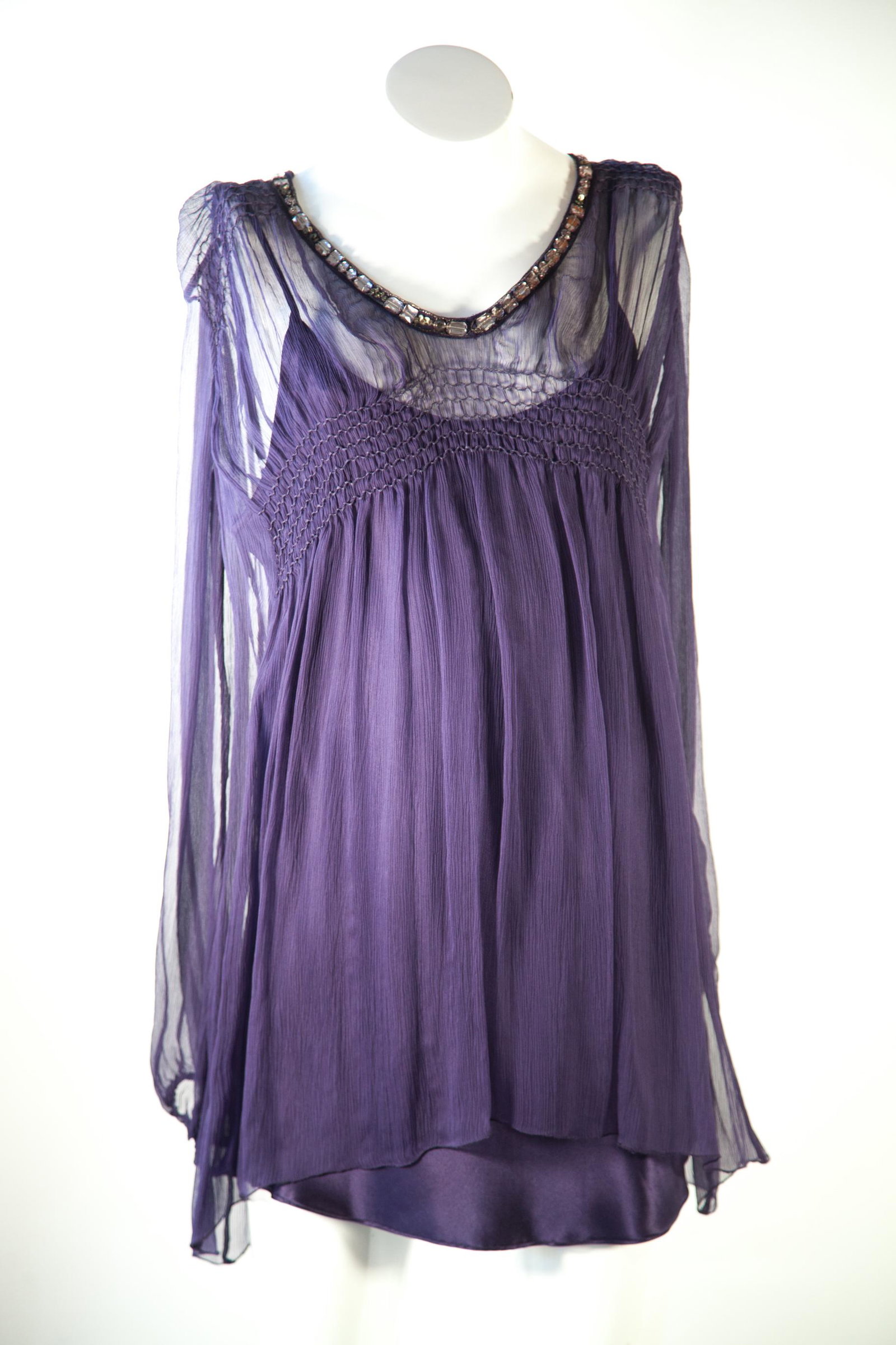 Seventy Silk Sheer Top with Silk Camisole: Seventy Silk Sheer Top with Silk Camisole Seventy Top is a purple sheer blouse featuring long lantern sleeves and jewel embellishments on the collar. Its size 44 provides a comfortable fit for those n