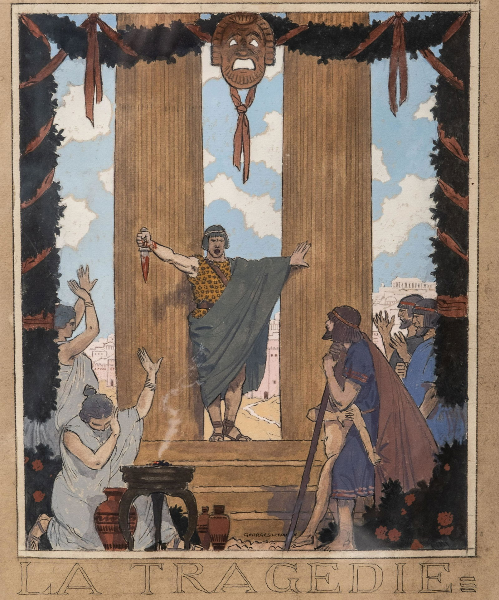 Georges Leroux signed "La Tragedie" Watercolor on Paper Painting (1 of 14)