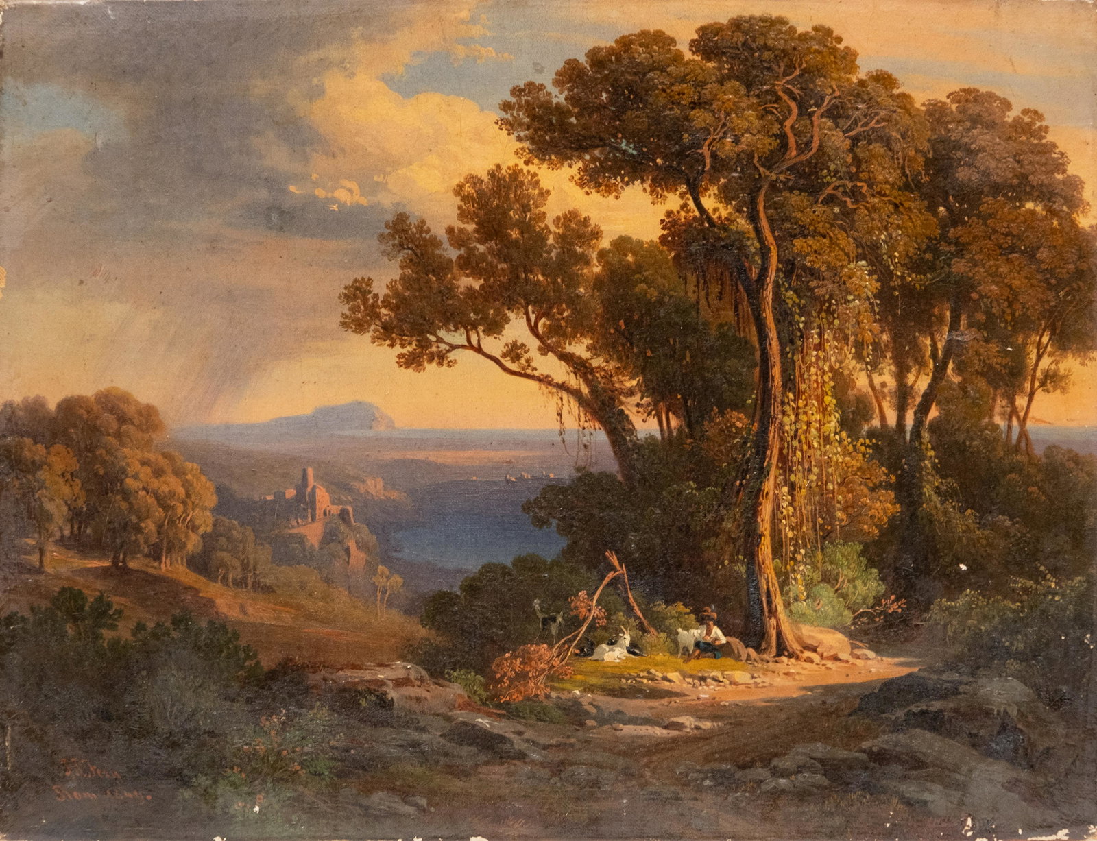 signed Johann Jakob Frey signed Small Landscape oil on Canvas Painting circa 1850 (1 of 14)