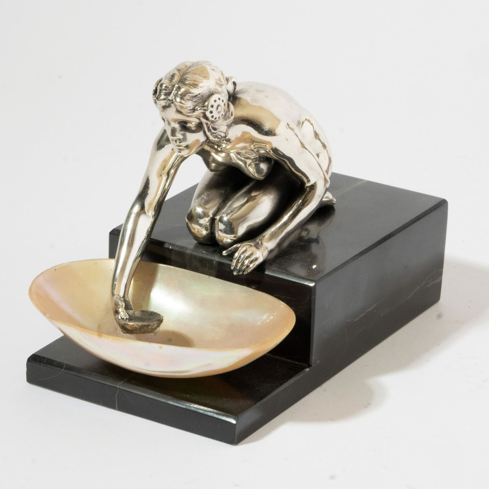 Art Nouveau figural silvered bronze sculpture with mother of pearl on marble ornament 4.5"H x 6.25"L (1 of 8)