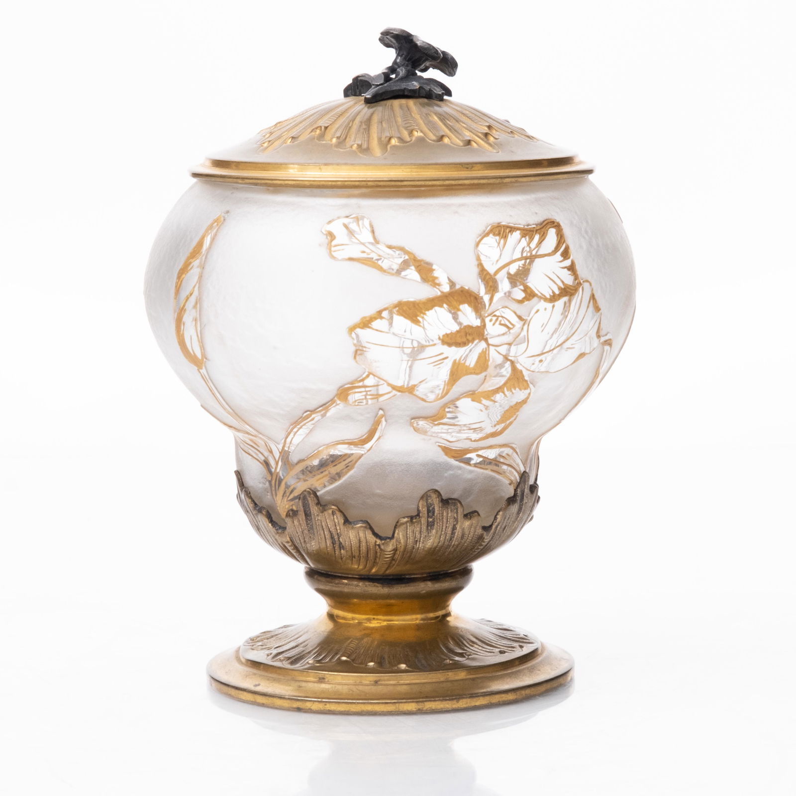 French Art Nouveau acid cut back cameo art glass covered vase mounted with gilt bronze and silver (1 of 8)