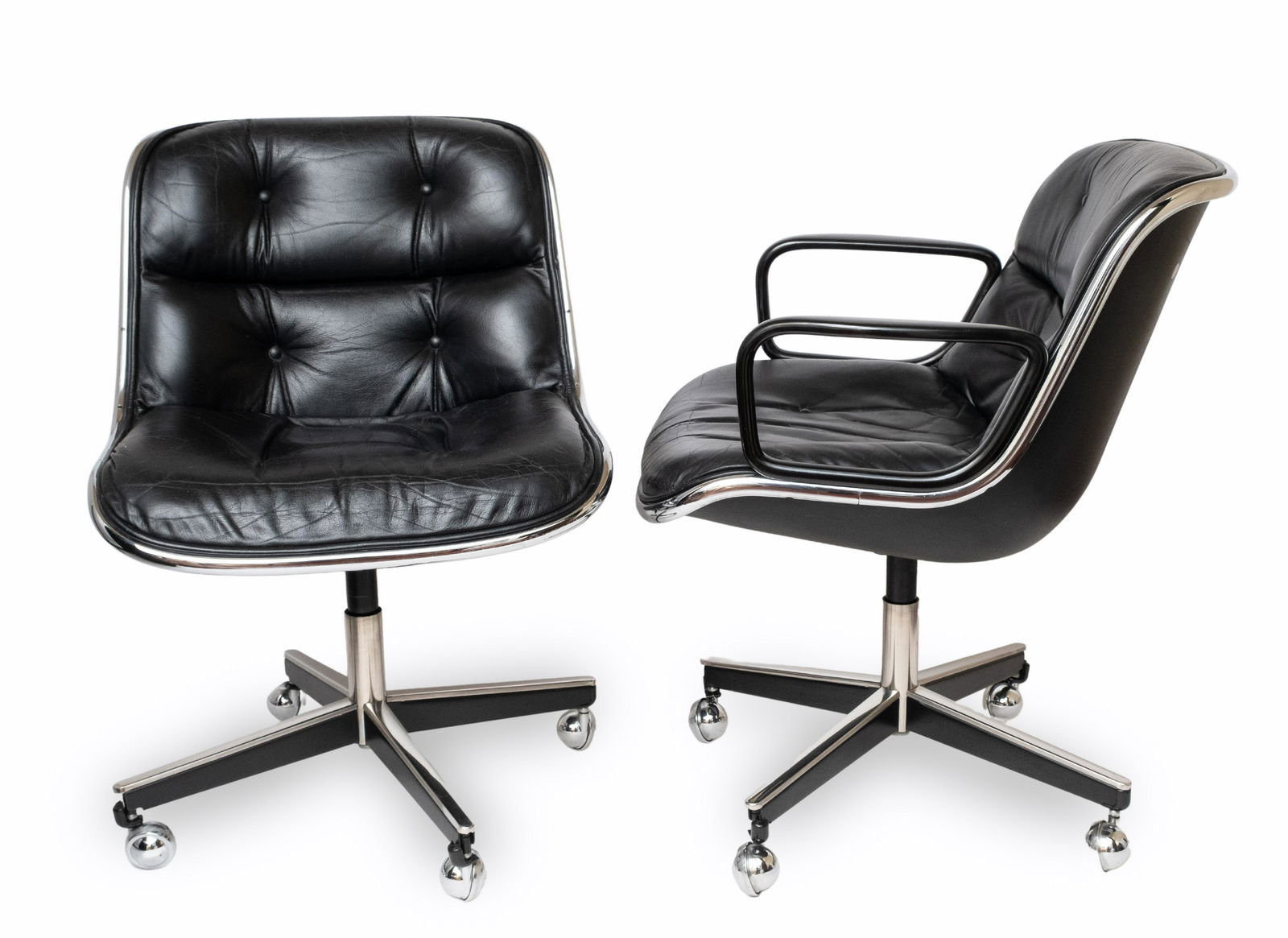 Knoll Charles Pollock Black Leather and Chrome Mid Century Modern Style Knoll Chairs One with arm: Knoll Charles Pollock Black Leather and Chrome Mid Century Modern Style Knoll Chairs One with arm rests and one withoutKnoll Charles Pollock Black Leather and Chrome Mid Century Modern Style Knoll Cha