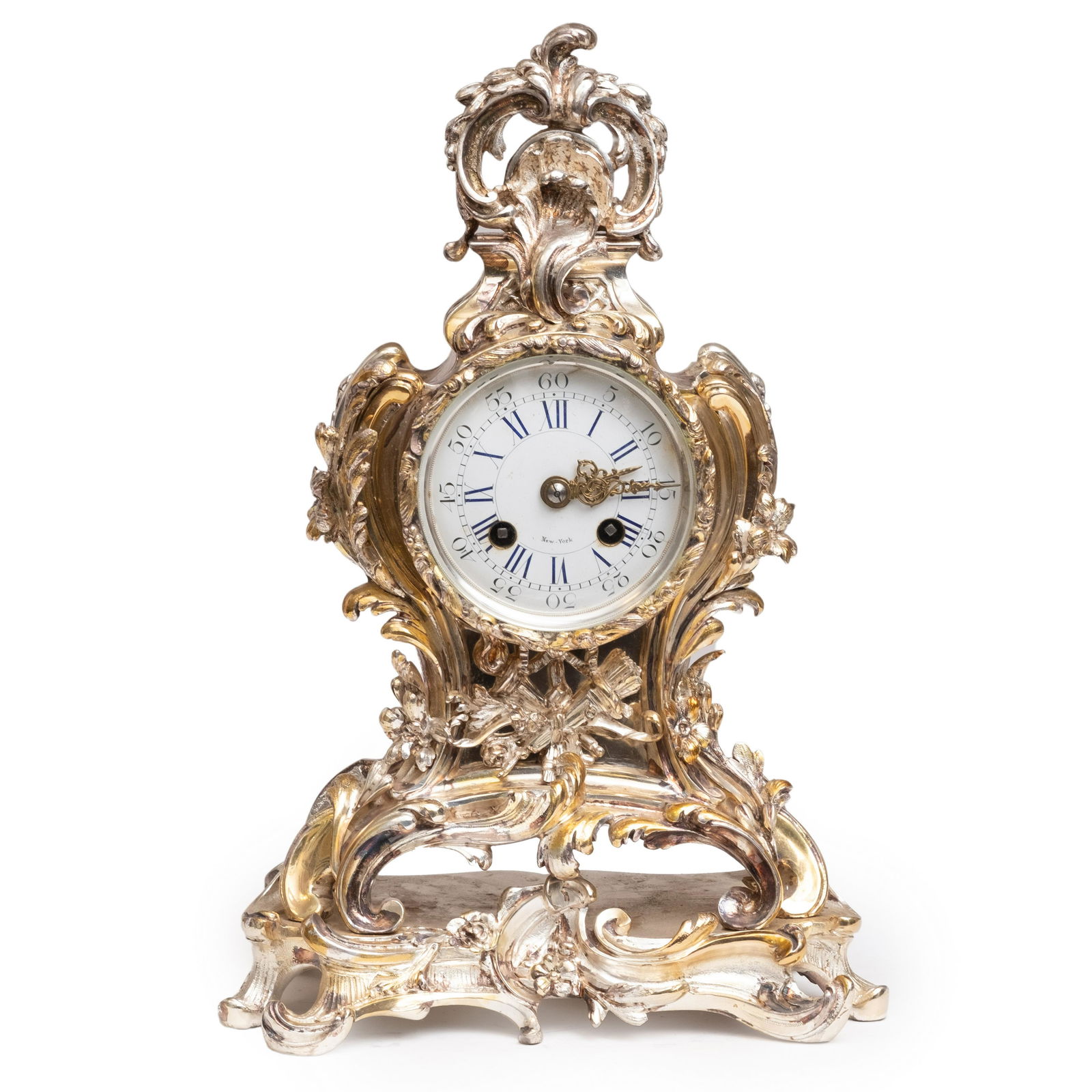 Antique French Rococo Mantle Clock. Antique Louis XIV form Silver over Bronze Clock 13.5" x 9" x 6" (1 of 13)