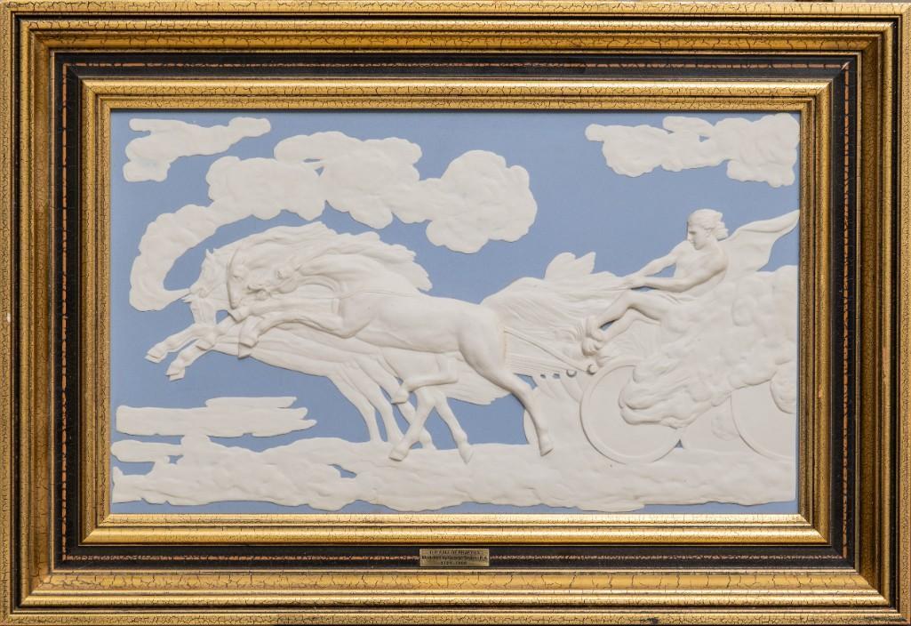 Large Wedgwood Plaque, mythologic scene based on 'The Fall of Phaeton',by George Stubbs: Large Framed signed Wedgwood Plaque, 'The Fall of Phaeton', after George StubbsLarge Signed Wedgwood jasper ware plaque depicting a mythological scene based on 'The Fall of Phaeton', by George Stubbs.