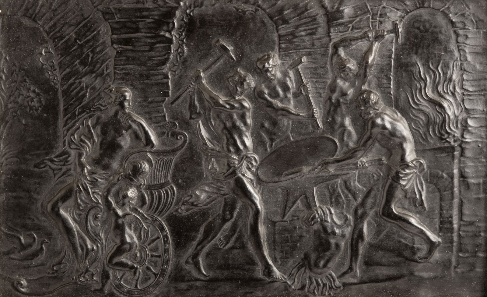 Signed Wedgwood Black Basalt Plaque. Mythologic scene depicting Vulcan the Blacksmith of the Gods (1 of 7)