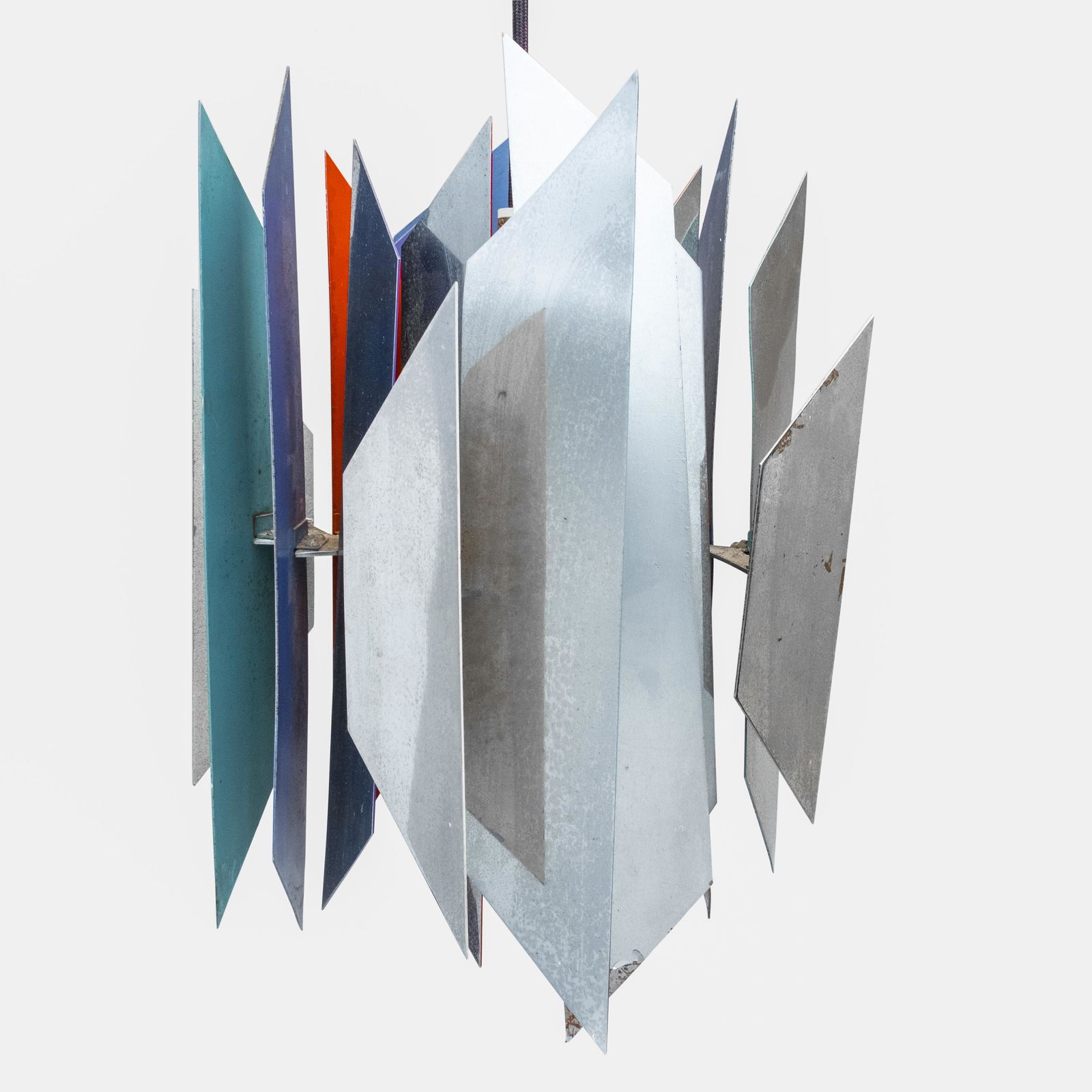 Simon Henningsen for Lyfa 'Tivoli' Pendant Lantern Danish Mid-Century Modern,: Simon Henningsen for Lyfa 'Tivoli' Pendant Lantern Danish Mid-Century Modern,Simon Henningsen for Lyfa. Suspending lantern in chrome and blue, aqua and red enameled geometric panels. Designed in 1962.