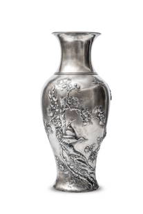 Antique 17.5" Chinese Export Monumental Silver Palace Vase 19th century: Antique Chinese Export Monumental Silver Palace Vase 19th centuryChinese export silver monumental baluster form palace vase with raised decoration of foliage and birds vase featuring birds in a blosso