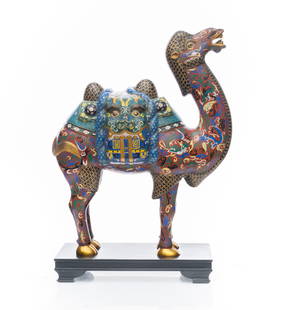 Antique Chinese 20" tall Cloisonne on gilt bronze sculpture figure of a Camel on a later added base: Antique Chinese 20" tall Cloisonne on gilt bronze sculpture figure of a Camel on a later added baseAntique Chinese 20" tall Cloisonne on gilt bronze sculpture figure of a Camel on a later ad
