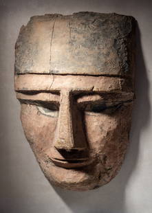 Ancient Egyptian finely carved wood mask for Sarcophagus: Some of the old painted decoration still intactAncient Egyptian finely carved wood mask for Sarcophagus with some of the old painted decoration still intact. yes, it is probably over 2500 years old 19