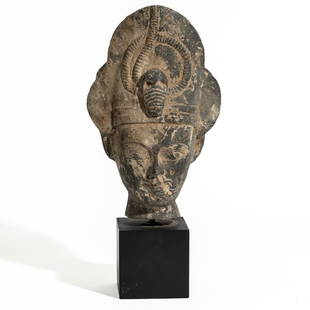 Tall Early Egyptian Pharaoh Carved Stone Head on Wood Base: Large Early Egyptian Carved Stone Sculpture of Amenhotep II or III on Wood BaseLarge Egyptian sculpture of Amenhotep II or III carved stone head on wood base. Provenance: Collection of the late Basil