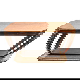 Art Deco Burled Elm center Table on Silver Leaf Base: Art Deco Burled Elm Low TableArt deco low table having a burled elm top, black stained legs, raised on a silver leafed base. Unmarked.23 3/4" high x 45 1/4" wide x 27" deep.