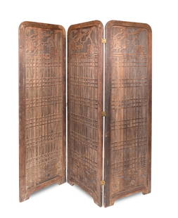 Arts and Crafts Carved Wood 3-Panel Privacy Room Screen: Arts and Crafts Carved Wood 3-Panel Privacy Room ScreenArts and Crafts Design Carved Wood 3-Panel Privacy Room Screenapprox. 69.75"W x 72.25"H open