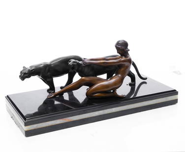 Alexandre Ouline (after) Bronze Art Deco Style Sculpture: Alexandre Ouline (after) Bronze Art Deco Style SculptureAlexandre Ouline Style Bronze Sculpture, Woman with Two Panthers. WEIGHS 66 POUNDS10"H x 28"W x 7"D