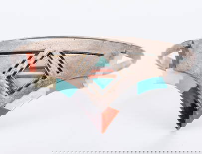 Native American Zuni Vintage Sterling and Inlay Bracelet: Native American Zuni Vintage Sterling and Inlay Bracelet signed by Ronnie and Olivia CalabazaVintage sterling silver cuff bracelet made by Zuni craftsmen Ronnie and Olivia Calabaza of New Mexico. The