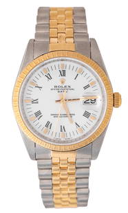 Rolex vintage Oyster Perpetual Wristwatch: Rolex vintage Oyster Perpetual Date White Roman Date Wristwatch 41.5 lug to lugOyster Perpetual 18K Gold and Stainless Steel Wristwatch. Rolex 3135 Automatic; 31 Jewels. Lug to Lug 41.5 mm 98.60 Grams