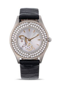 Palladium MAUBOUSSIN watch 8" Band: Palladium MAUBOUSSIN watchPalladium MAUBOUSSIN wristwatch, 34 mm with a diamond bezel and leather strap. Case numbers: R11863, #110 Pa.8&quot; Band