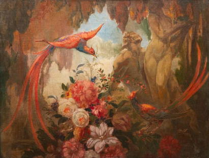 Art Deco Oil on Canvas: Birds & Figures in Landscape: Art Deco Oil on Canvas: Birds & Figures in LandscapeArt Nouveau/Art Deco periodl oil on canvas mounted on masonite depicting Birds, Male and Female Figures in tropical foliate surrounded paradise. Fro