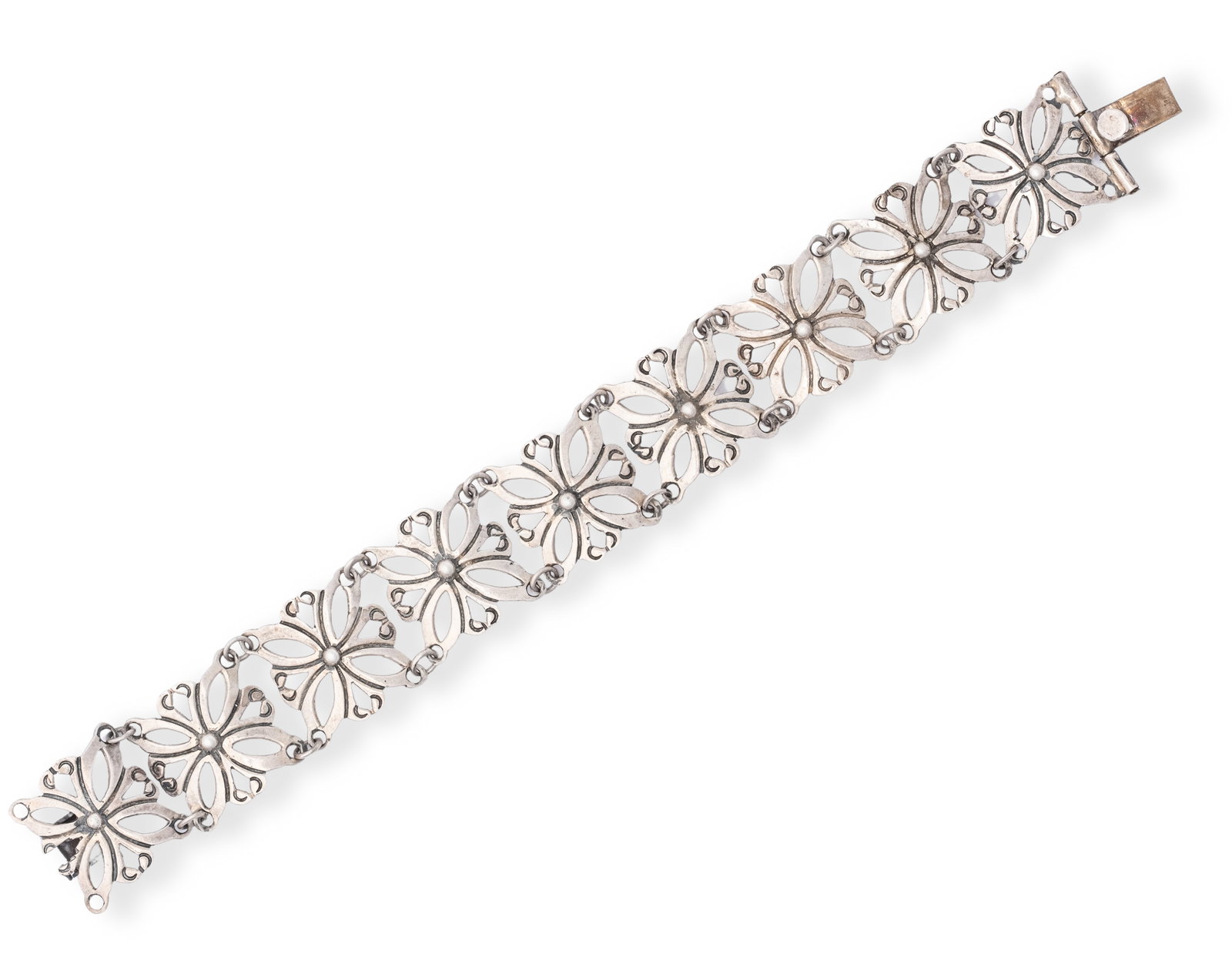 Vintage Taxco Sterling Silver Mexican Bracelet circa 1950 7" L x 20.3mm: Vintage Taxco Sterling Silver Mexican Bracelet circa 1950Vintage Sterling Silver Mexican Bracelet. 22 grams. Marke A.L. Sterling Taxco 9257" L x 20.3mm