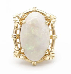 Vintage 14K Gold Large Australian Fire Opal Cabochon Ring Size The ring face is 27.75 x 22.2mm. The: Vintage 14K Gold Large Australian Fire Opal Cabochon Ring SizeThe ring is a size 6.75US and it weighs a total of 11.8g. The estimated total carat weight of the opal is 8.1cts.The ring face is 27.75 x
