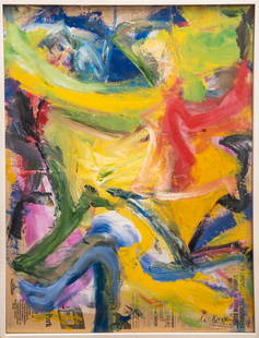 Signed Willem de Kooning Abstract Oil on Newspaper: Signed Willem de Kooning Abstract Oil on Newspaper 1974Painted on New York Times Newspaper with advertisements obscured by the wide brushstrokes.Willem de Kooning (1904-1997) was a pivotal Dutch-Ameri