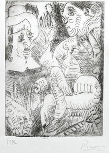 Signed After Pablo Picasso, 'Femme a sa Toilette et Homme au Chapeau Rembranesque'. Editioned Print: Signed After Pablo Picasso, 'Femme a sa Toilette et Homme au Chapeau Rembranesque'. Editioned PrintSigned Pablo Picasso (Spanish, 1881 - 1973). 'Femme a sa Toilette et Homme au Chapeau Rembranesque/Wo