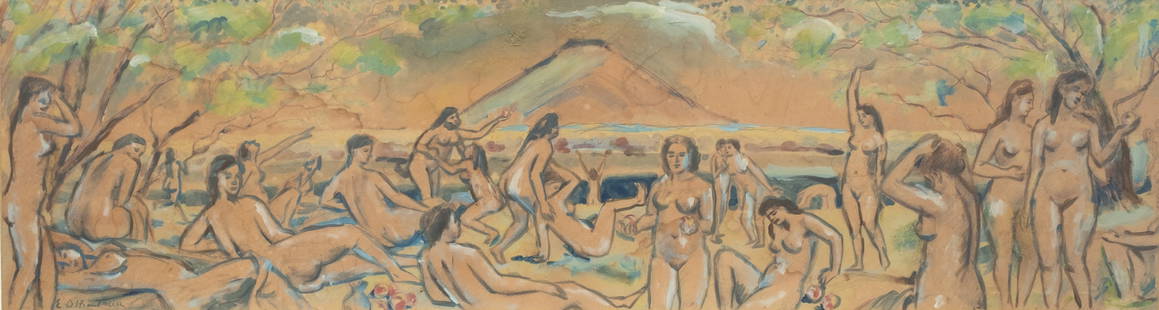 large important Achille-Emile Othon Friesz fauve oil and Gouache on Paper Painting Frame: 22.75"H x: Signed E Othon Friesz .LES BAIGNEUSES Ã€ LA PLAGE. circa 1907 Gouache and oil on Paper PaintingSigned E Othon Friesz Gouache and oil mon Paper Painting, Attributed to Achille-Emile Othon Friesz. In