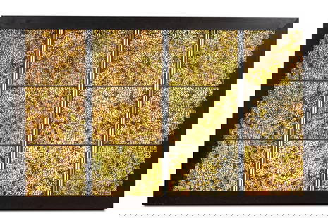 Tiffany Studios, NY. Favrile Glass & Bronze Fireplace Screen in the Pine Needle Pattern, Mounted in: Tiffany Studios, NY. Favrile Glass & Bronze Fireplace Screen in the Pine Needle Pattern, Mounted in an Illuminated BoxTiffany Studios, New York, (1878-1930). This large Tiffany Studios favrile glass &