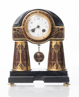 Erhard & Sohne Table Clock, Schwabisch Gmund, Germany 11" x 8.75"W x 4"D Approx: Erhard & Sohne Table Clock, Schwabisch Gmund, GermanyRare Erhard & Sohne Table Clock, Schwabisch Gmund, Germany, Art Nouveau circa 1910. This clock features an ebonized wooden case with two columns an