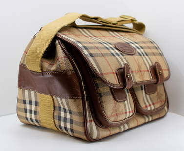Burberry Beige Nova Canvas Crossbody Messenger Bag: Burberry Beige Nova Canvas Crossbody Messenger BagHeight 8", Width 12", Depth 8"
