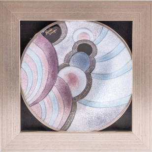 Signed Camille Faure Framed Art Deco Enameled Copper Plate: Signed Camille Faure Framed Art Deco Enameled Copper PlateCamille Faure signed Framed Art Deco Enameled Copper Plate Mounted in a Shadowbox FramePlate: 6" Diameter. Frame: 7.75"W x 7.75"