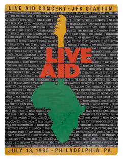 RARE Autographed Live Aid Concert program with approximately 130 original autographs: RARE Autographed "Live Aid" Concert program with approximately 130 original autographs from July 13, 1985 Philadelphia Concert. This is a significant piece of Rock and Roll, Music history wi