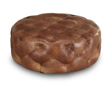 Ralph Lauren Leather Ottoman: Ralph Lauren Leather OttomanRalph Lauren ? button-tufted leather ottoman, 21st c., unmarked, approx.15.75&quot;h x 38.25&quot;diaapprox.15.75&quot;h x 38.25&quot;dia SHIPPING: Collective Hudson does N