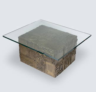 Paul Evans brutalist signed glass top cube table, 1974: Paul Evans brutalist signed glass top cube table, signed P.E. 1974Paul Evans glass top cube table, signed P.E. 1974, , height is 16, good condition, gold toned composition on wood, glass top in good c